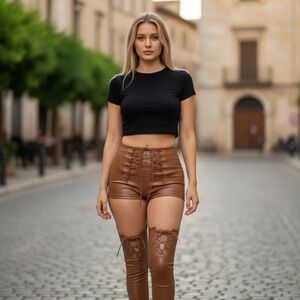 Lace Up Detailed Cutout Faux Leather Pants Sexy Pants
New